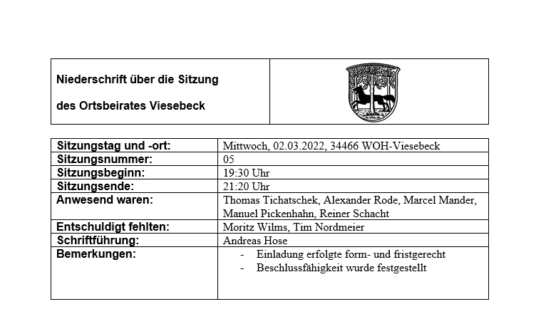 Ortsbeirat – Niederschrift zur Sitzung am 02.03.2022