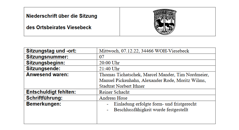Niederschrift über die Sitzung des Ortsbeirates Viesebeck vom 07.12.22