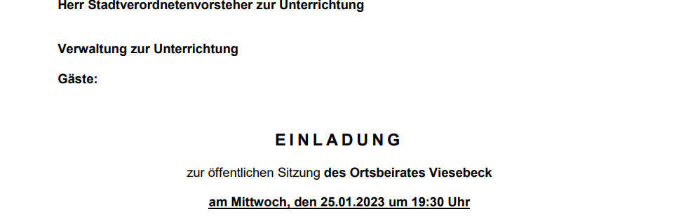 Einladung zur Sitzung des Ortsbeirates Viesebeck vom 25.01.2023