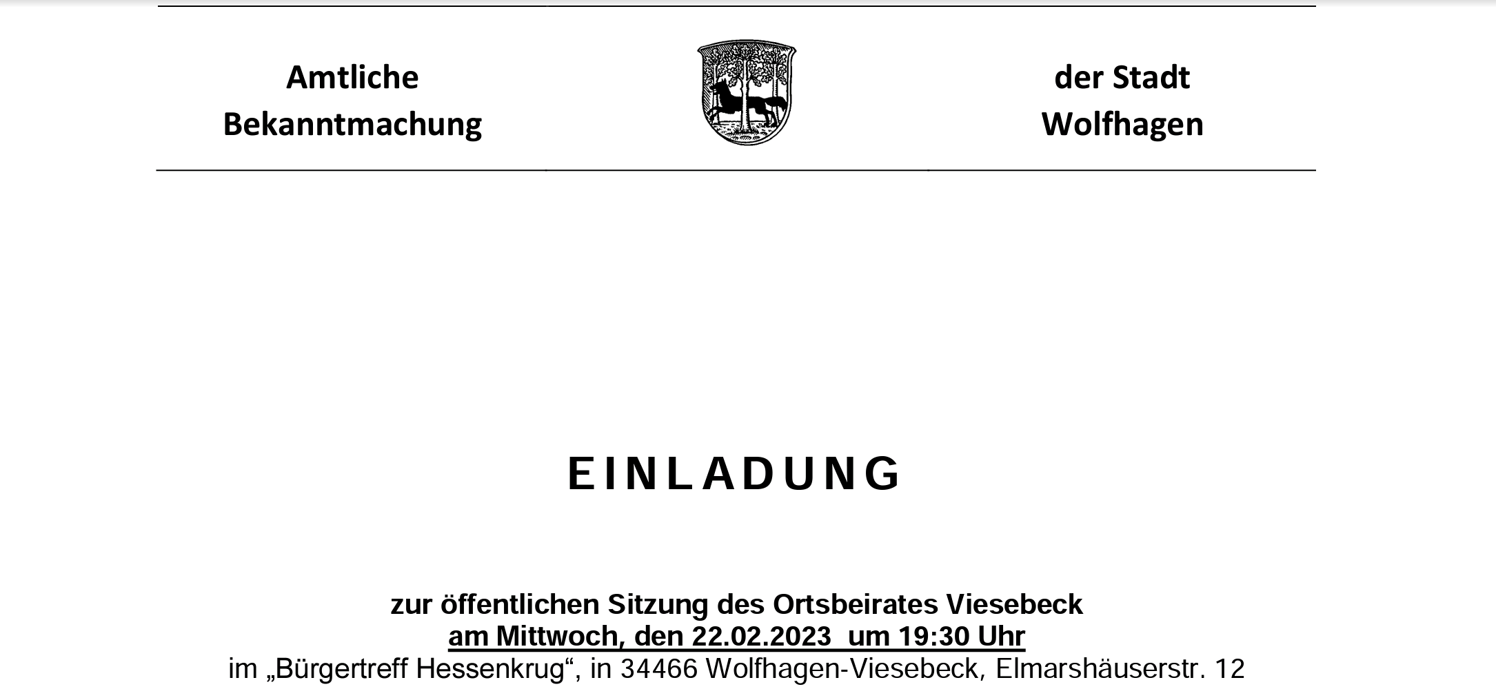 Bekanntmachung zur Sitzung des Ortsbeirates Viesebeck vom 25.01.2023