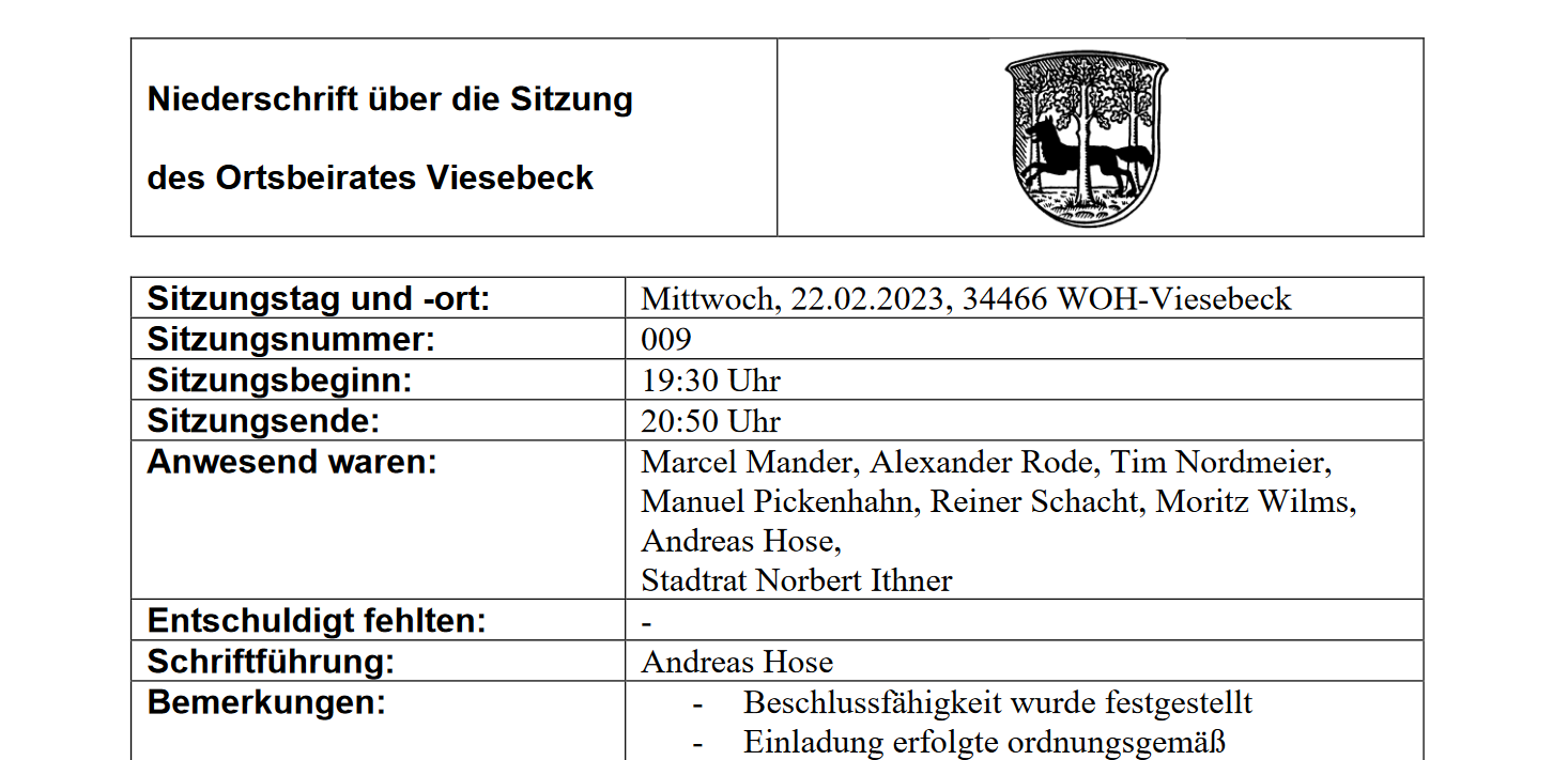 Niederschrift über die Sitzung des Ortsbeirates Viesebeck vom 22.03.23